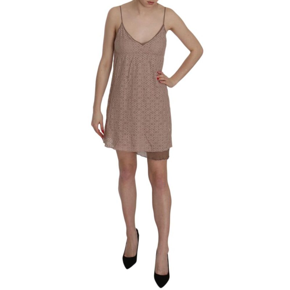 PINK MEMORIES Beige Spaghetti Strap A-line Mini Cotton Women's Dress